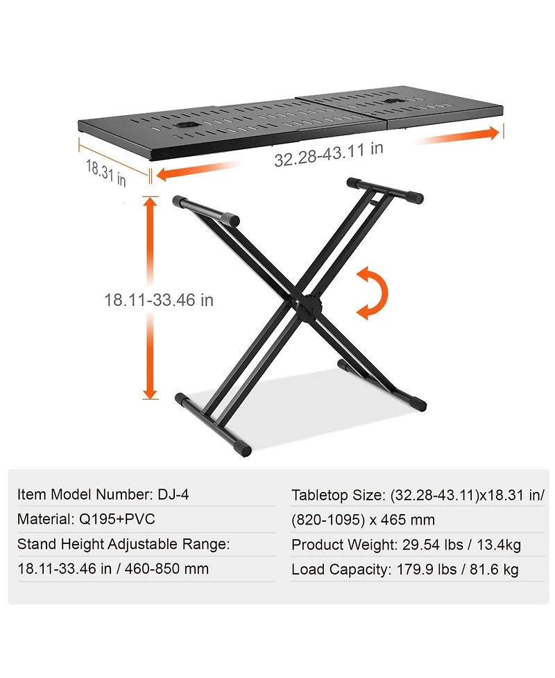 Mecale Portable Dj Table Stand, 32"-43" Adjustable Height, 18" Tabletop, Foldable Double-x Keyboard Stand for Laptop and Controller