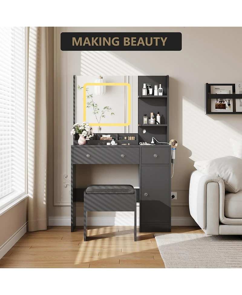 gaomon Vanity Desk and Stool with Mirror and Lights，Makeup Vanity with Charging Station, Drawers