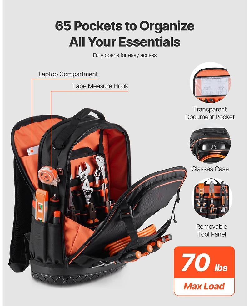 Mecale Tool Backpack, 65 Pockets, Heavy-Duty Tool Storage Organizer with Laptop Compartment & Molded Base, Electrician Jobsite Backpack