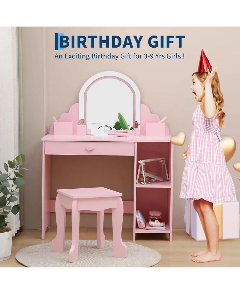 gaomon Kids Vanity with Lighted Mirror & Stool, Little Girls Vanity with Adjustable Led Light