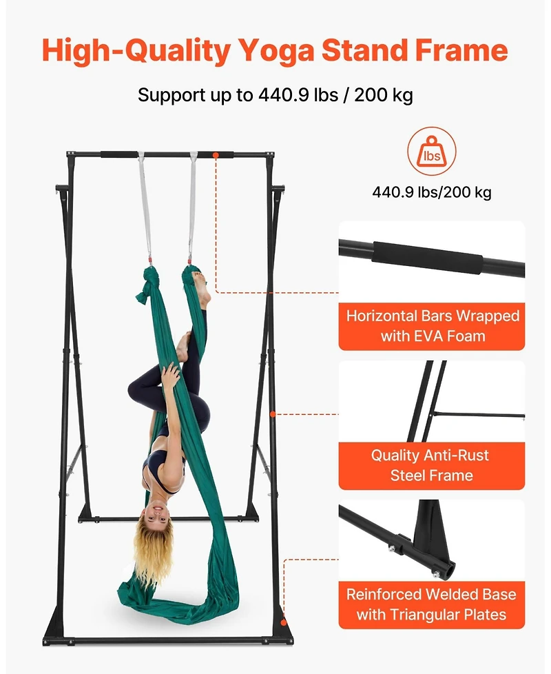 Mecale Yoga Swing Stand Frame with Hammock, 440.9 lb Capacity, Triangular Aerial Rig with Eva Foam, 4-Level Horizontal & 6-Level Vertical