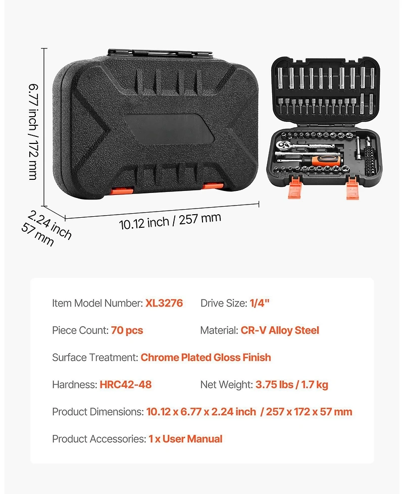 Mecale 70-Piece 1/4" Drive Socket & Ratchet Set, Sae & Metric, Deep & Shallow, Bits, Accessories, Storage Case, Cr-v Steel