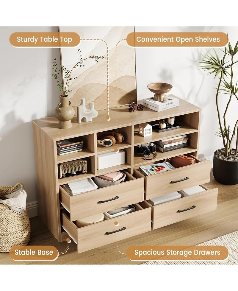 gaomon 2pcs Bedroom Dresser with 4 Drawers & 6 Open Shelves, Modern Wood Storage Cabinet for Living Room, Oak