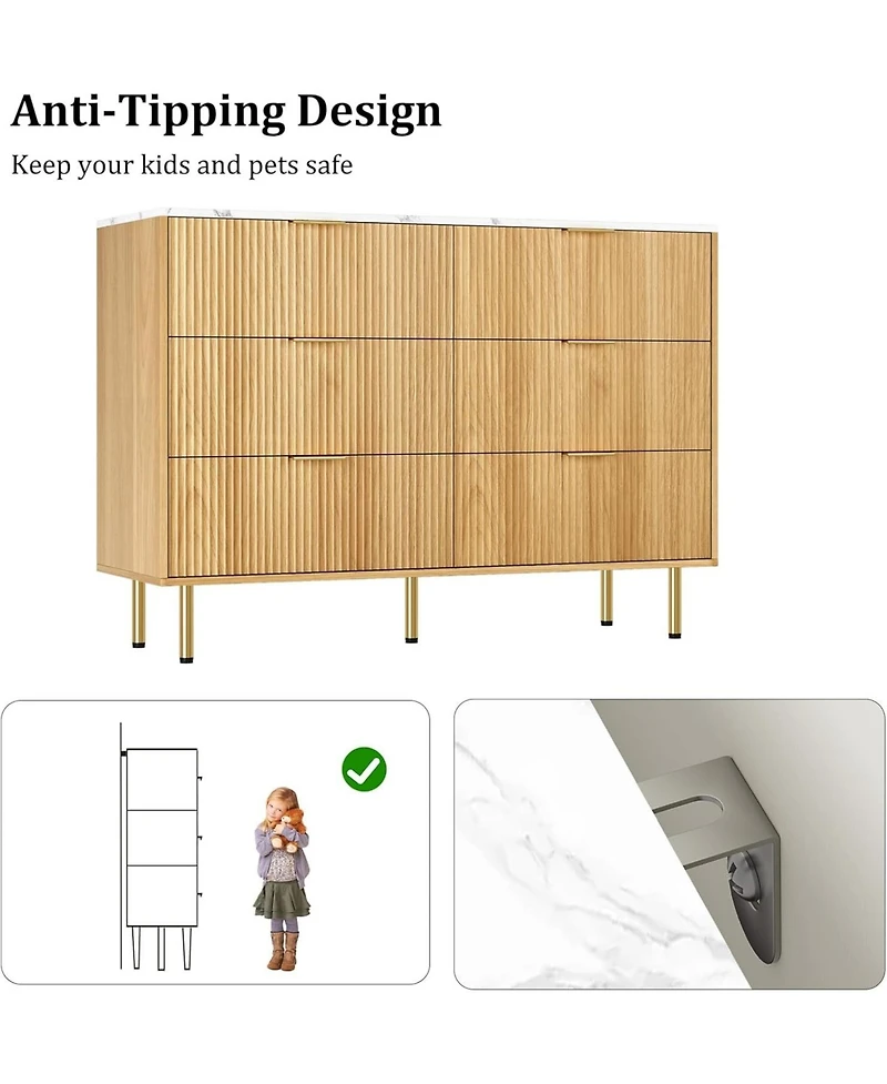 gaomon 6-Drawer Modern Fluted Wood Dresser with Gold Handle, Large Storage Organizer for Bedroom, Living Room