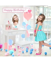 gaomon Girls' Vanity Set with Light and Mirror, Makeup Table Stool for Kids, Wood Dressup Playset 4-9