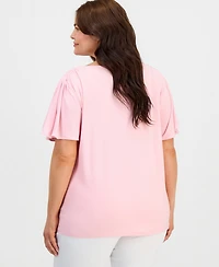 Anne Klein Plus Crewneck Cascade-Flutter-Sleeve Top