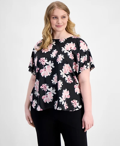 Anne Klein Plus Printed Satin Short-Sleeve Top
