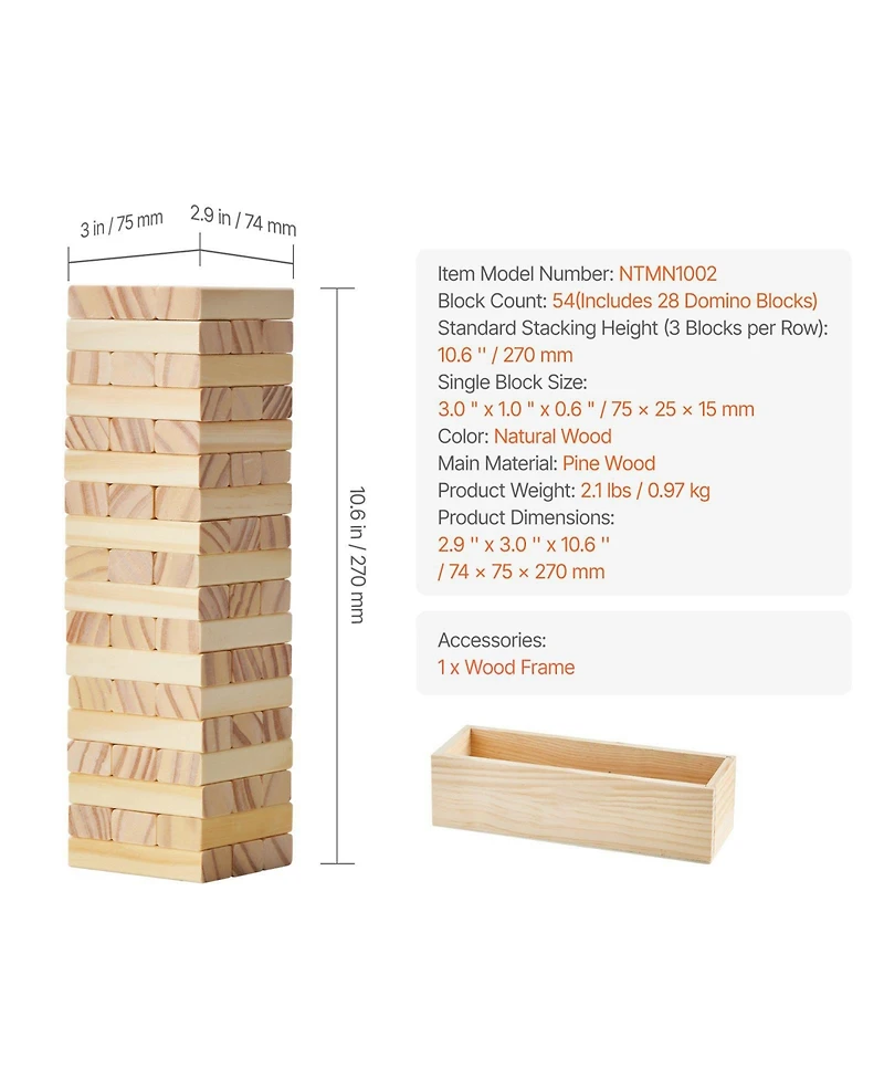 Hongge Wooden Tumbling Tower Game with Domino Blocks and Storage Crate