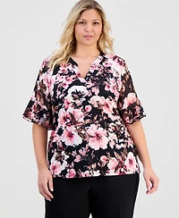 Anne Klein Essentials Plus Split-Neck Printed Flutter-Sleeve Top