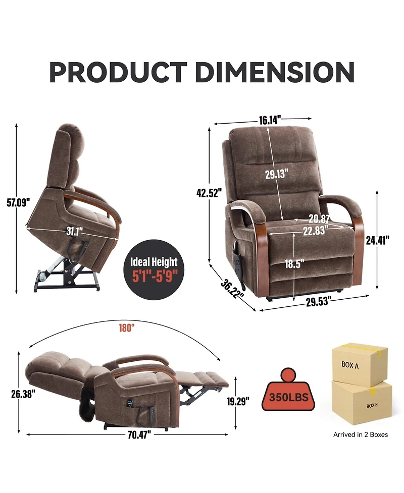 Boyel Living Power Chenille Lift Recliner Chair Dual Motor Infinite Position Up to 350 Lbs with Solid Wood Armrests and Heat Massage
