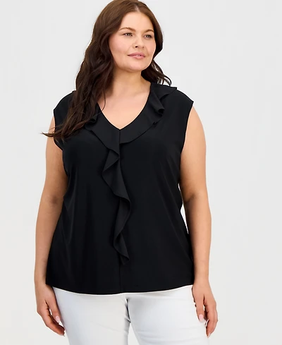 Kasper Plus Mixed-Media Ruffle Top