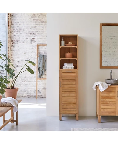 Tikamoon Solid Natural Teak Wood Bathroom Cabinet Tower Storage Adjustable Shelves