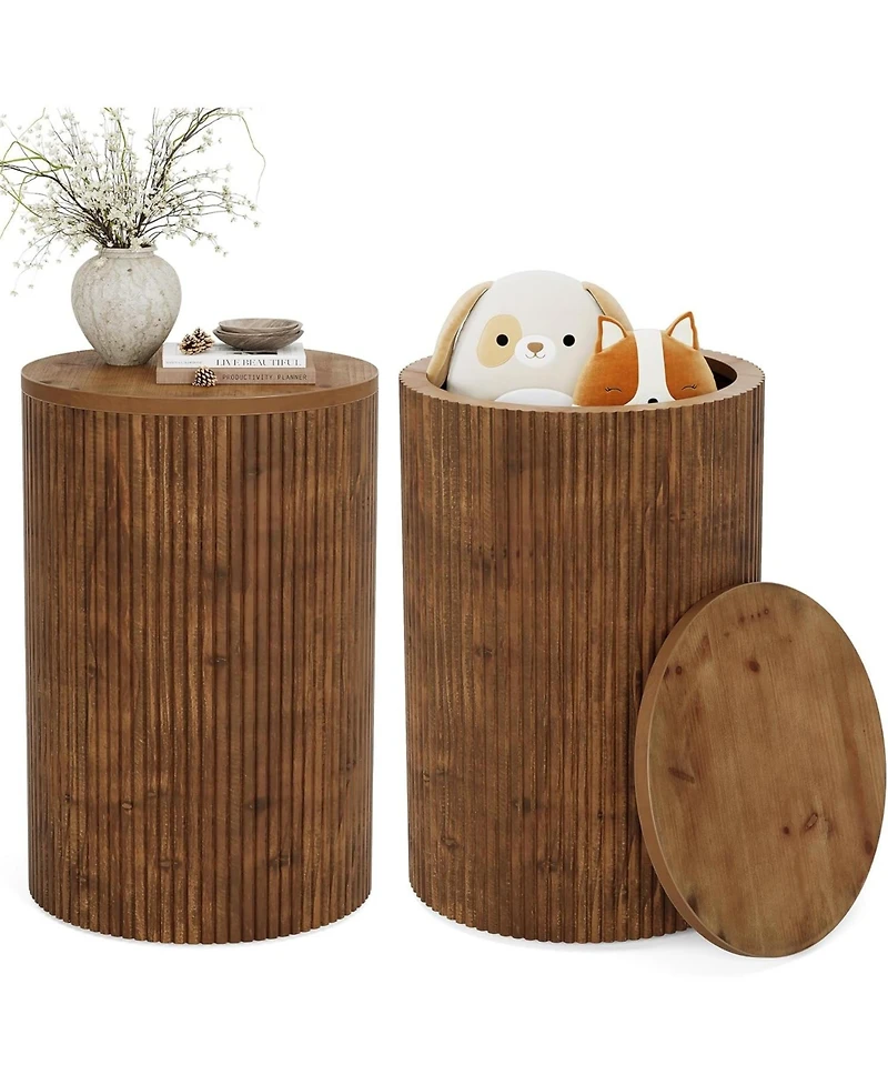 Tribesigns Solid Wood Round Side Table with Storage Set of 2, No-Assembly Fluted End Table with 4 Wheels, Wooden Nightstand