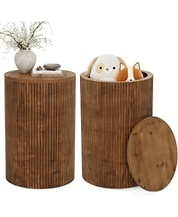 Tribesigns Solid Wood Round Side Table with Storage Set of 2, No-Assembly Fluted End Table with 4 Wheels, Wooden Nightstand