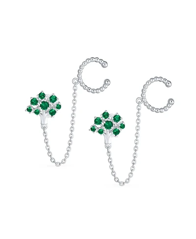 Bling Jewelry Green Cz Family Tree of Life Ear Cuff Chain Stud Earrings .925 Sterling Silver