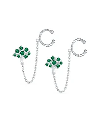 Bling Jewelry Green Cz Family Tree of Life Ear Cuff Chain Stud Earrings .925 Sterling Silver