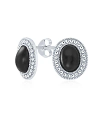 Bling Jewelry Classic Black Onyx Milgrain Bezel Halo Oval Stud Earrings .925 Sterling Silver
