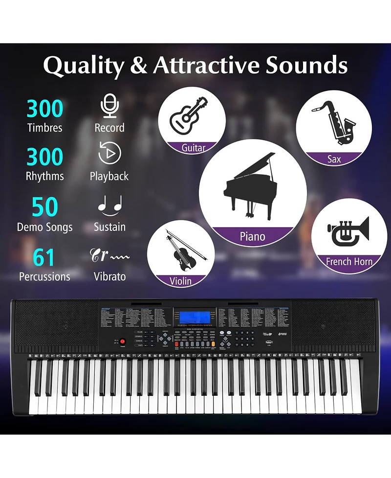 Costway 61-Key Electric Piano Keyboard for Beginners with Adjustable Stand and Stool
