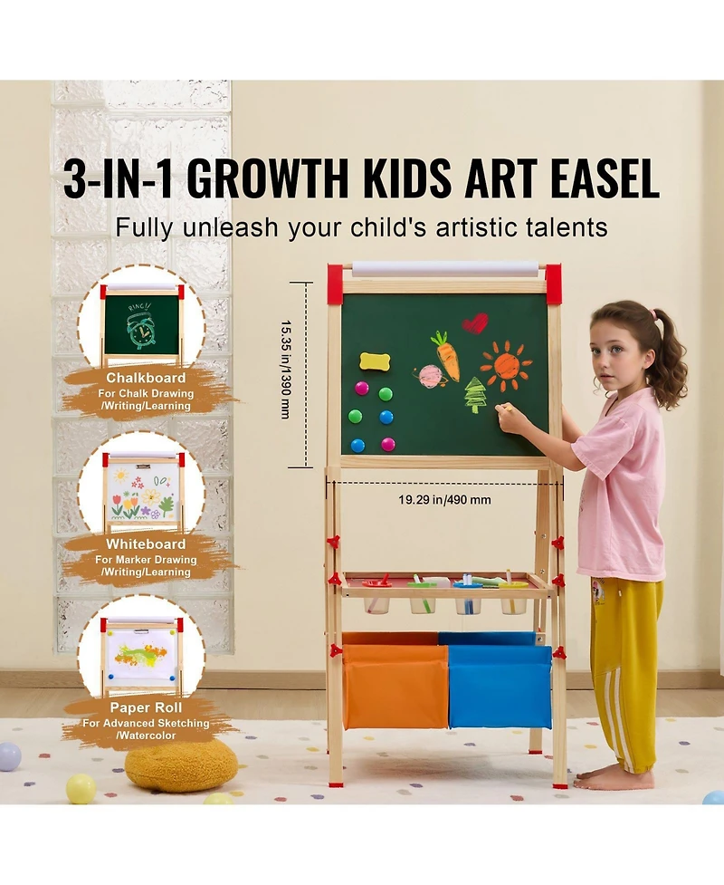Slickblue 3-in-1 Art Easel for Kids Wooden Double-Sided Kid's Art Easel with Magnetic Whiteboard, Chalkboard, Paper Roll