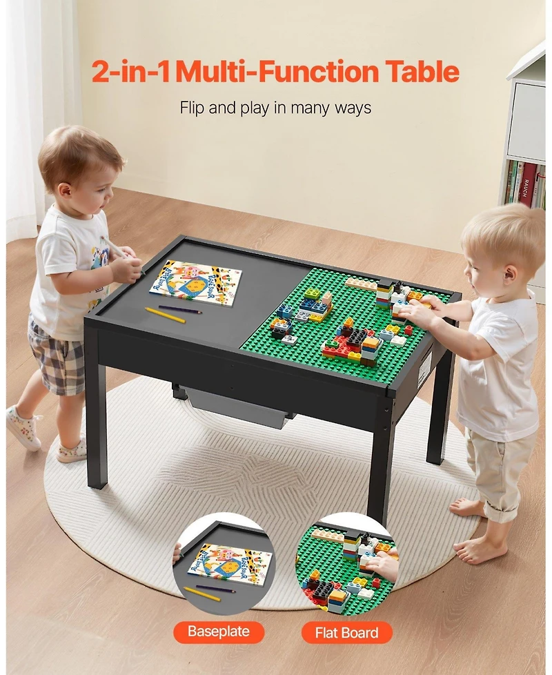 Mecale Kids Wooden Activity Table, Double-Sided Block Top w/ Storage Bins, Ages 3+