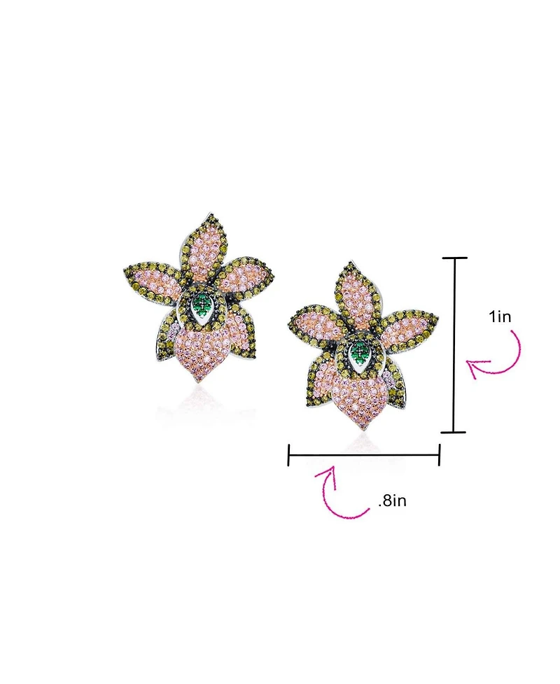 Bling Jewelry 3D Floral Pave Cz Statement Green Pink Orchid Flower Earrings Cubic Zirconia Silver Plated