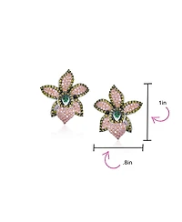 Bling Jewelry 3D Floral Pave Cz Statement Green Pink Orchid Flower Earrings Cubic Zirconia Silver Plated