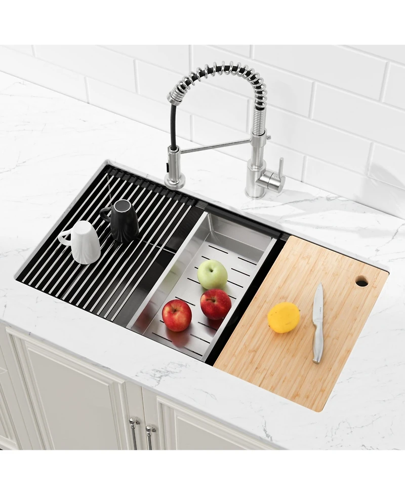 flynama 33inch Undermount Single Bowl Brushed 304 Stainless Steel Handmade Kitchen Sink with Cutting Board and Colander