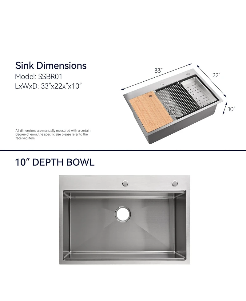 flynama 33x22inch Stainless Steel Kitchen Sink Overmount Single Bowl Handmade with Cutting Board