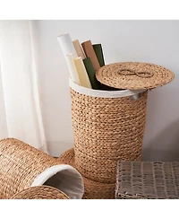 Rainsken Round Water Hyacinth Woven Hamper Basket with Lid, Multi-Purpose Organizer, for Decoration in Bedroom, Living Room, Laundry Room, Entryway