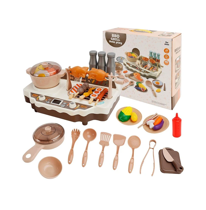 Bruce & Shark 36-Piece Grill & Cook Playset for Kids with Realistic Mist Spray & Sizzle Sound for Pretend Bbq