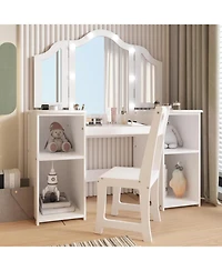 gaomon Kids Vanity with Lights,2 in 1 Princess Makeup Desk & Chair Set, Lighted Mirror, Storage Shelves & Cabinet