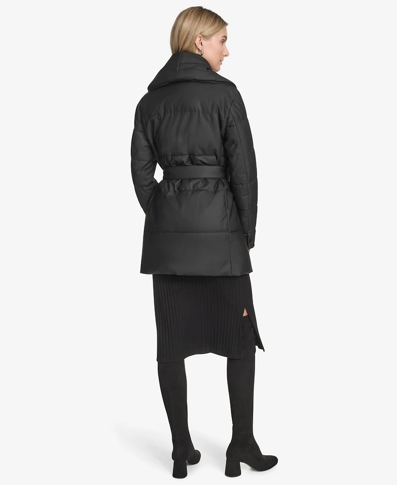 Andrew Marc Women's Adela Pillow Collar Faux Leather Wrap Coat