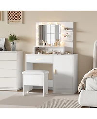 gaomon Vanity Desk with Mirror and Light Bulbs, Makeup Table with Open Shelves and Drawers