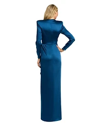 Mac Duggal Petite Long Sleeve Satin Structured Bow Draped Column Gown