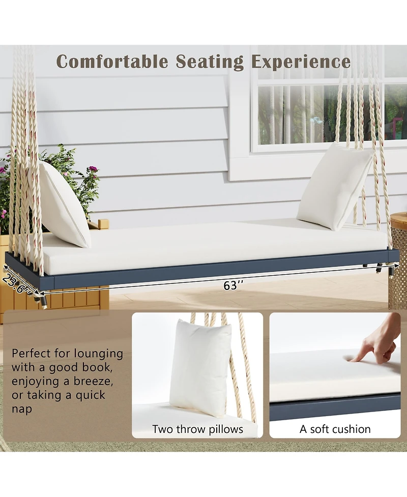 Flynama Patio Wooden Swing Chair, Hanging Porch Swing Bench with Cushion&Pillows, 10.8Ft Hemp Ropes for Garden,Backyard, Lawn,Gray
