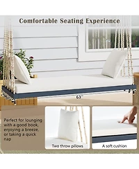 Flynama Patio Wooden Swing Chair, Hanging Porch Swing Bench with Cushion&Pillows, 10.8Ft Hemp Ropes for Garden,Backyard, Lawn,Gray