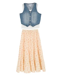 Rare Editions Girls' 7-12 Denim Sleeveless Vest, Cami Top and Printed Skirt, 3-Piece Set