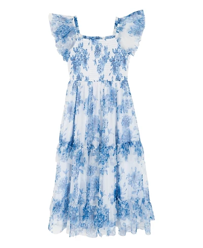 Rare Editions Girls' 7-16 Floral Mesh Smocked Square Neck Dress