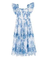 Rare Editions Girls' 7-16 Floral Mesh Smocked Square Neck Dress