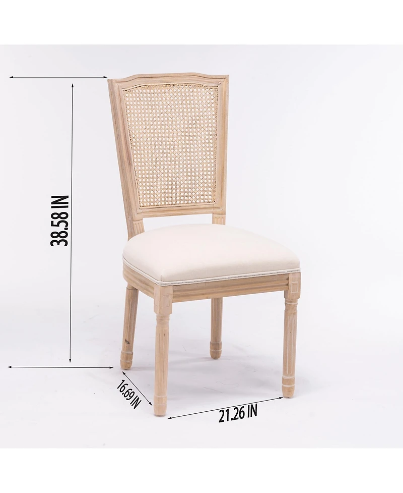 Boyel Living French Style Solid Wood Frame Linen Fabric Square Rattan Back Dining Chair,Set of 2,Cream