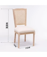 Boyel Living French Style Solid Wood Frame Linen Fabric Square Rattan Back Dining Chair,Set of 2,Cream