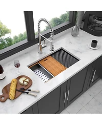 flynama 33inch Gunmetal Black Workstation Undermount Kitchen Sink 16G T304 Nano Stainless Steel Single Bowl 33x19x10inch with Full Accessories