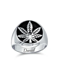 Bling Jewelry Mens Statement Black Marijuana Leaf Medallion Round Signet Ring Sterling Silver