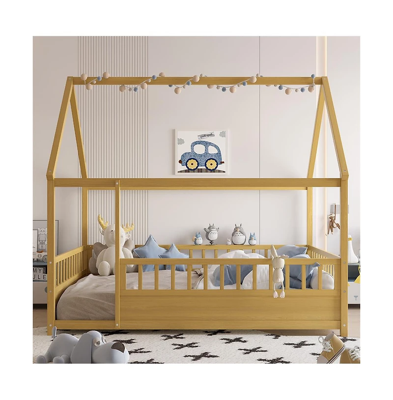 Cesicia Full Wooden Floor Bed with House Roof Frame & Fence Guardrails for Kids