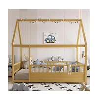 Cesicia Full Wooden Floor Bed with House Roof Frame & Fence Guardrails for Kids