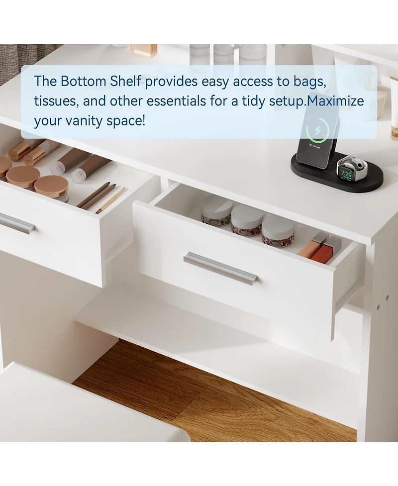 gaomon Makeup Vanity with Mirror and Lights, Vanity Desk with Charging Station, Drawers, Open Shelves Cabinet, and Chair Bedroom Dressing Table Set