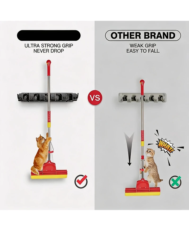 Yigii 5 Ball Slots 6 Hooks Wall Mop & Broom Organizer