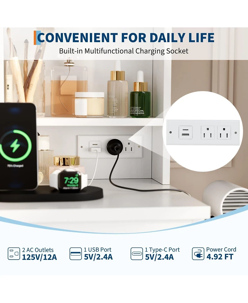 gaomon Makeup Vanity with Light and Mirror, Desk Foldable Desktop, Adjustable Lighting, Drawers Cushioned Stool, Dressing Table for Bedroom