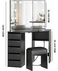 gaomon Corner Vanity and Stool, Desk with Mirror Lights, Makeup Power Outlet