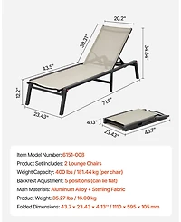 Mecale Set of 2 Outdoor Chaise Lounge Chairs, 400 lbs Capacity, Foldable Sun Tanning Chairs with 5 Adjustable Positions, Aluminum